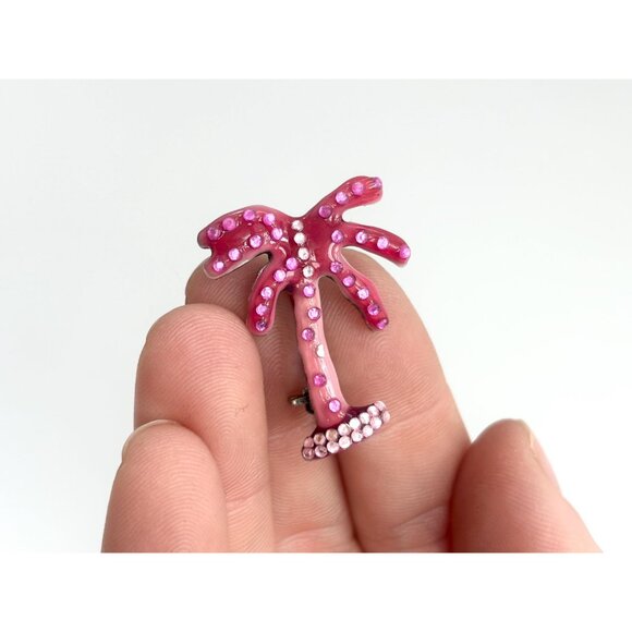 Fuchsia Pink Rhinestoned Palm Tree Figural Vintage Costume Jewelry Brooch - Picture 7 of 10